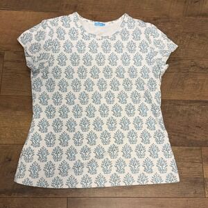 J. McLaughlin Block Print Floral Tee White Blue Le